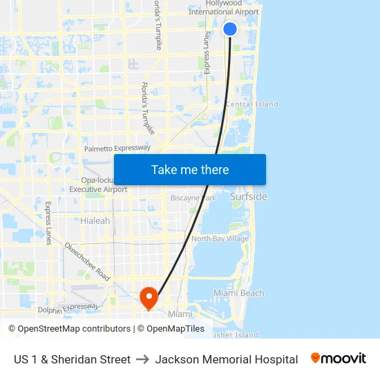 US 1 & Sheridan Street to Jackson Memorial Hospital map
