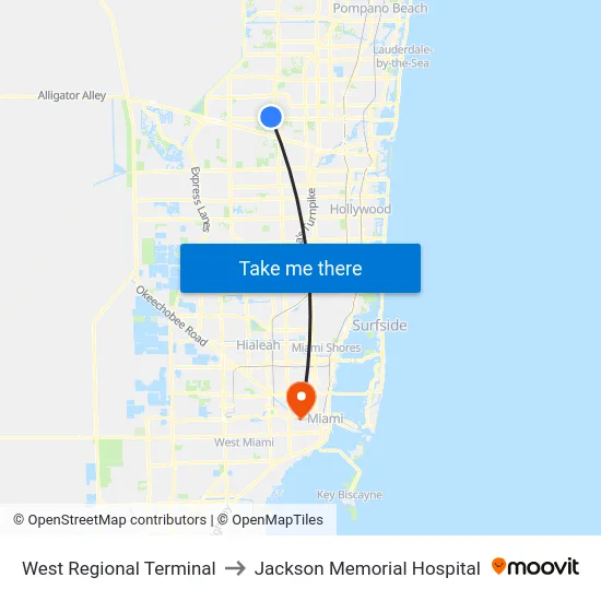 West Regional Terminal to Jackson Memorial Hospital map