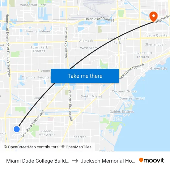 Miami Dade College Building M to Jackson Memorial Hospital map