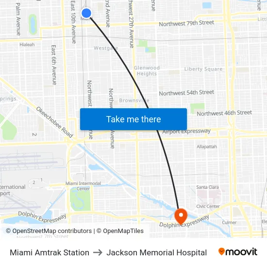 Miami Amtrak Station to Jackson Memorial Hospital map