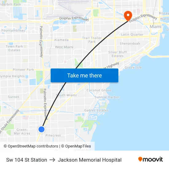 Sw 104 St Station to Jackson Memorial Hospital map