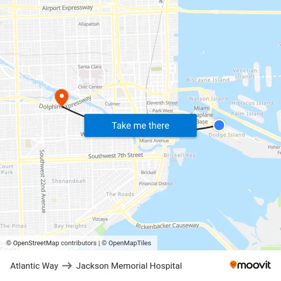 Atlantic Way to Jackson Memorial Hospital map