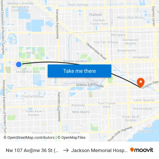 Nw 107 Av@nw 36 St (N/f) to Jackson Memorial Hospital map