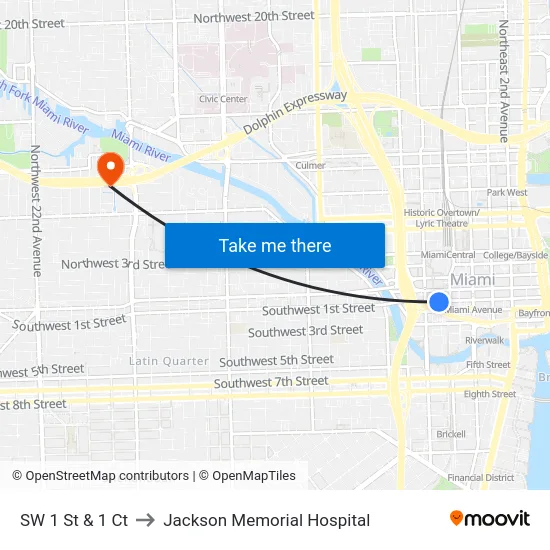 SW 1 St & 1 Ct to Jackson Memorial Hospital map