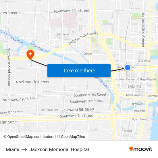Miami to Jackson Memorial Hospital map