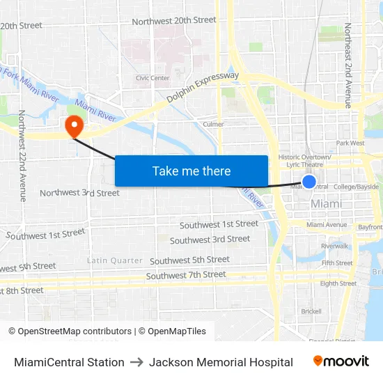 MiamiCentral Station to Jackson Memorial Hospital map