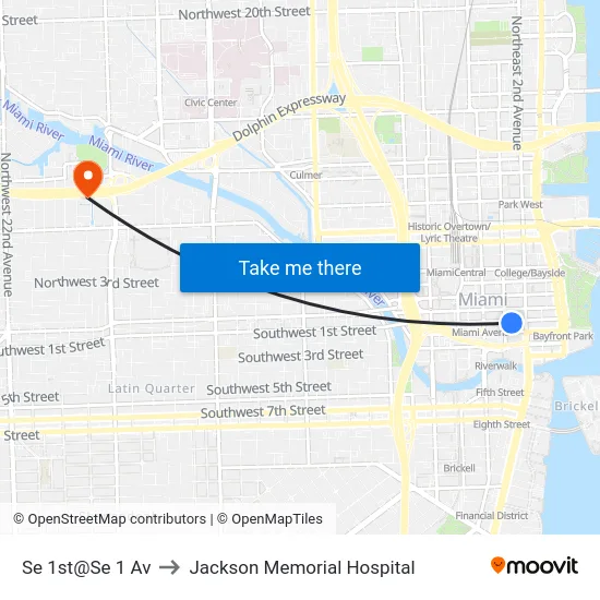 Se 1st@Se 1 Av to Jackson Memorial Hospital map