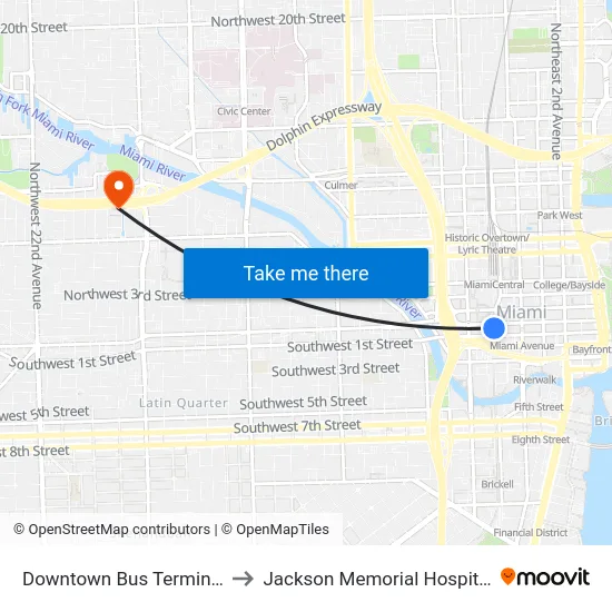 Downtown Bus Terminal to Jackson Memorial Hospital map