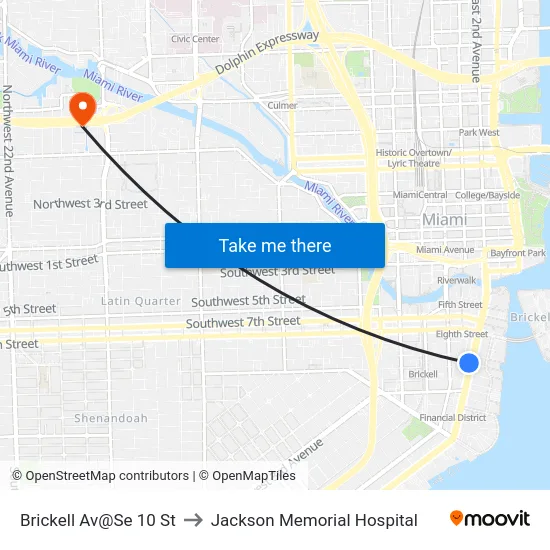 Brickell Av@Se 10 St to Jackson Memorial Hospital map