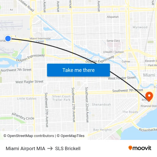 Miami Airport MIA to SLS Brickell map