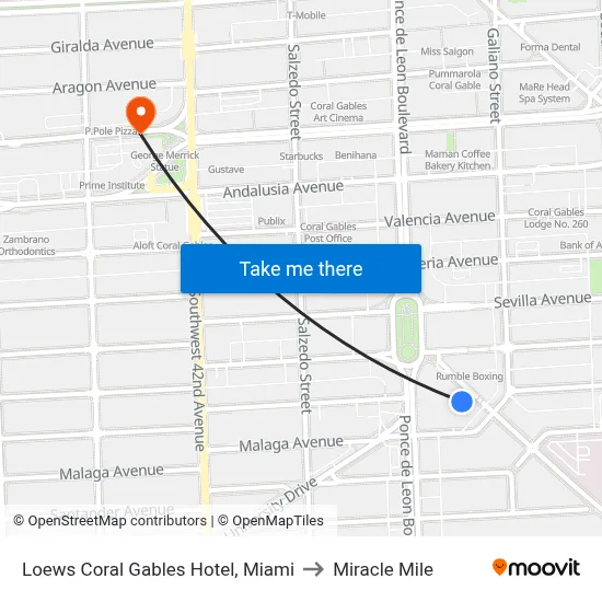 Loews Coral Gables Hotel, Miami to Miracle Mile map