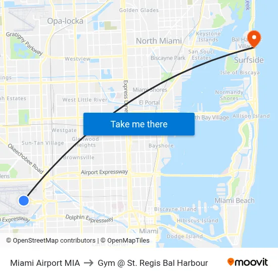 Miami Airport MIA to Gym @ St. Regis Bal Harbour map