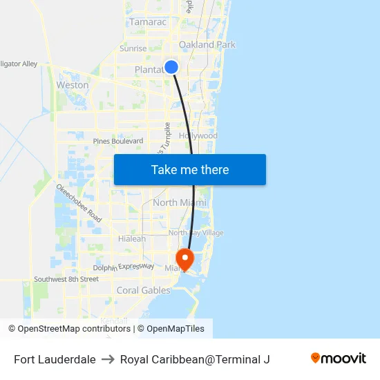 Fort Lauderdale to Royal Caribbean@Terminal J map