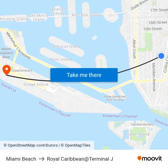 Miami Beach to Royal Caribbean@Terminal J map