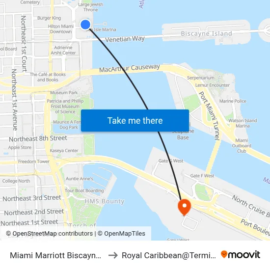 Miami Marriott Biscayne Bay to Royal Caribbean@Terminal J map