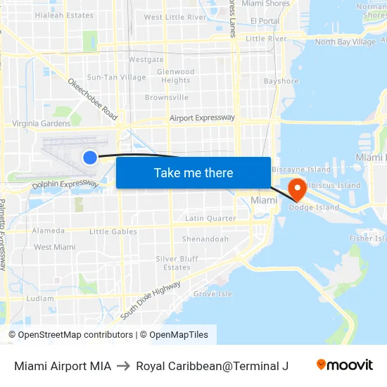 Miami Airport MIA to Royal Caribbean@Terminal J map