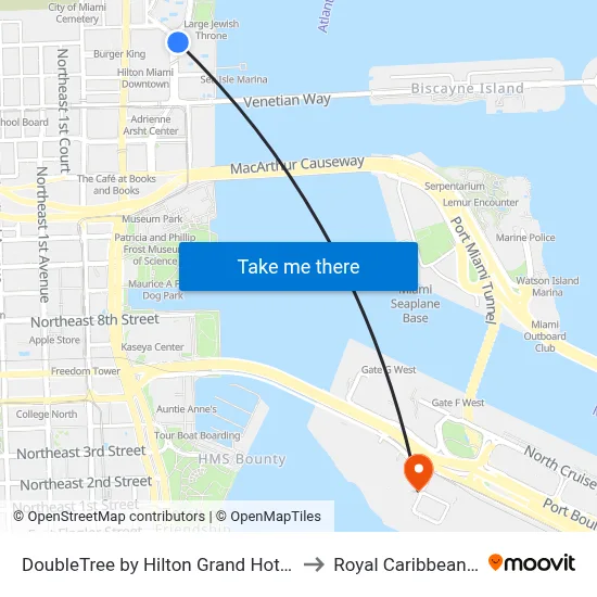 DoubleTree by Hilton Grand Hotel Biscayne Bay Miami to Royal Caribbean@Terminal J map