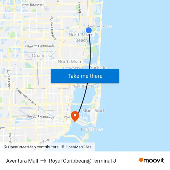 Aventura Mall to Royal Caribbean@Terminal J map