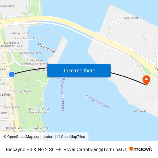 Biscayne Bd & Ne 2 St to Royal Caribbean@Terminal J map
