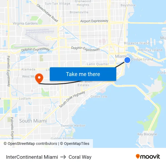 InterContinental Miami to Coral Way map