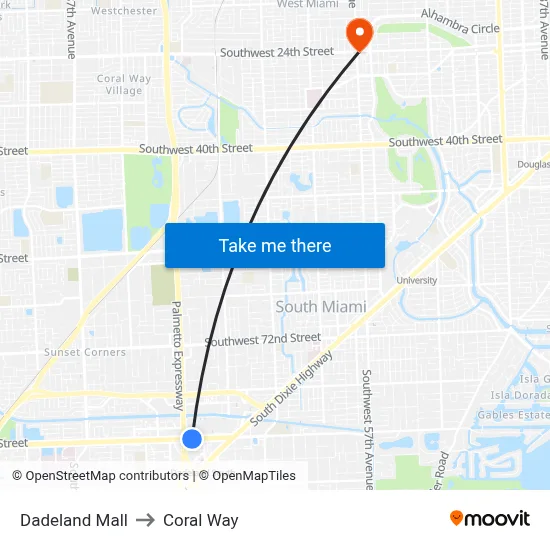 Dadeland Mall to Coral Way map