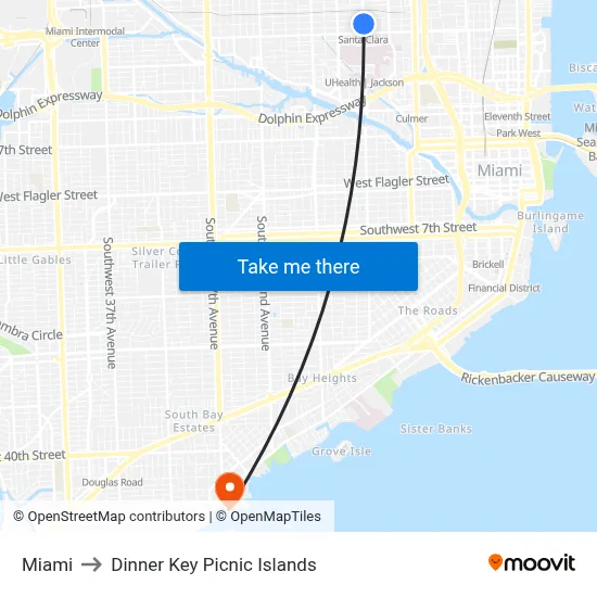 Miami to Dinner Key Picnic Islands map