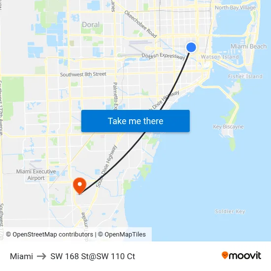 Miami to SW 168 St@SW 110 Ct map