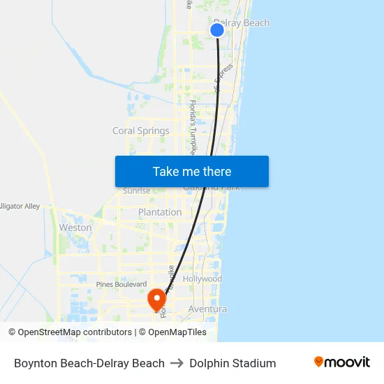 Boynton Beach-Delray Beach to Dolphin Stadium map
