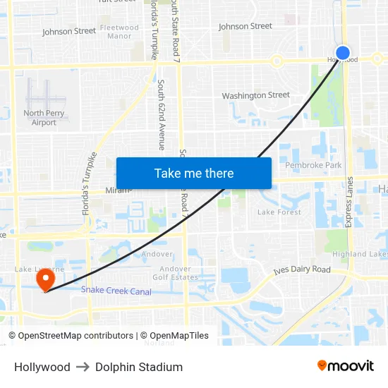 Hollywood to Dolphin Stadium map