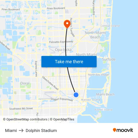 Miami to Dolphin Stadium map