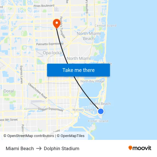 Miami Beach to Dolphin Stadium map