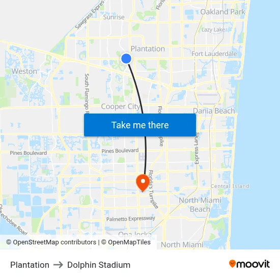 Plantation to Dolphin Stadium map
