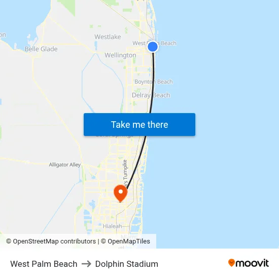 West Palm Beach to Dolphin Stadium map