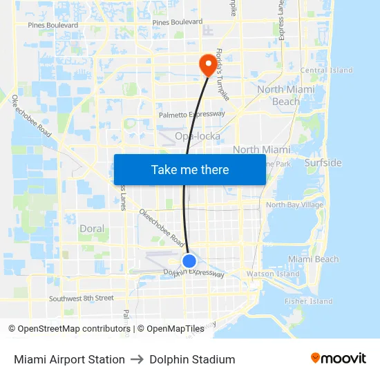 Miami Airport Station to Dolphin Stadium map