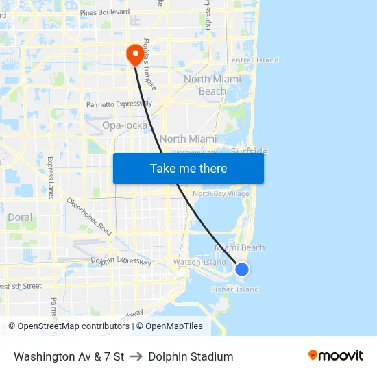 Washington Av & 7 St to Dolphin Stadium map