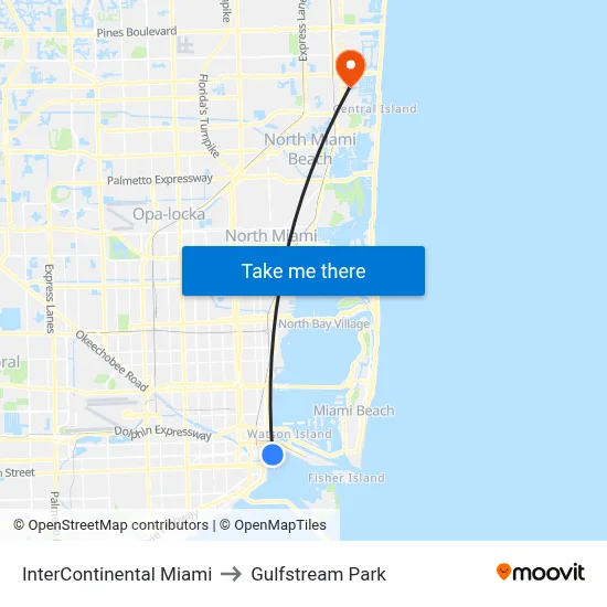 InterContinental Miami to Gulfstream Park map