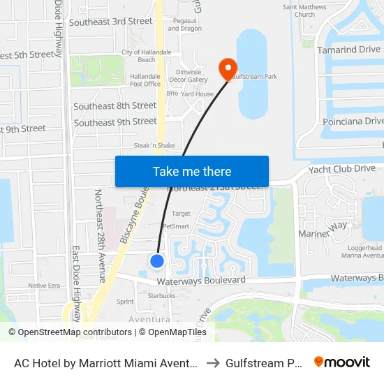 AC Hotel by Marriott Miami Aventura to Gulfstream Park map