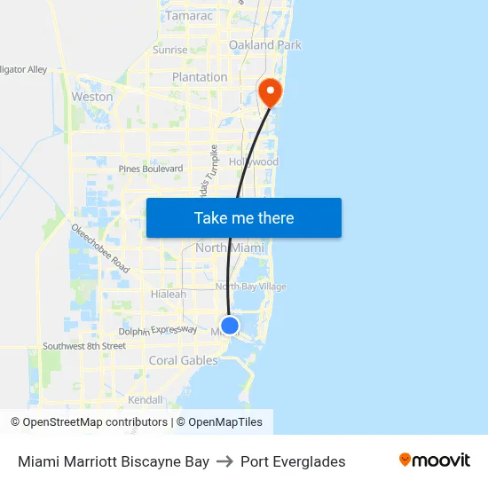Miami Marriott Biscayne Bay to Port Everglades map