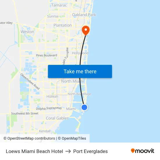 Loews Miami Beach Hotel to Port Everglades map