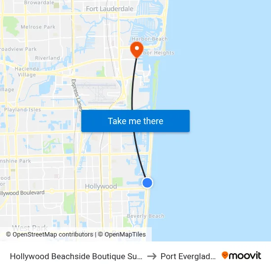 Hollywood Beachside Boutique Suite to Port Everglades map