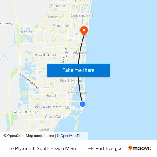 The Plymouth South Beach Miami Beach to Port Everglades map