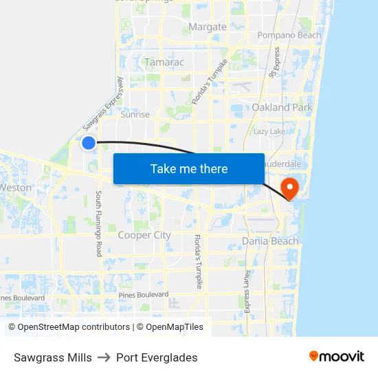 Sawgrass Mills to Port Everglades map