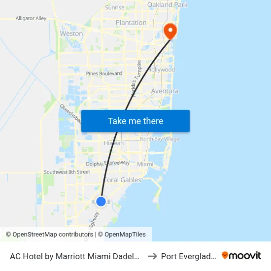 AC Hotel by Marriott Miami Dadeland to Port Everglades map