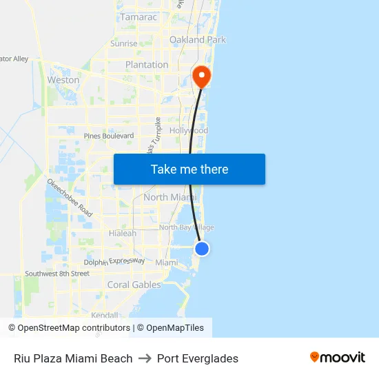 Riu Plaza Miami Beach to Port Everglades map