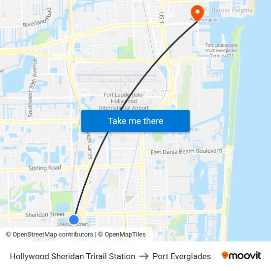 Hollywood Sheridan Trirail Station to Port Everglades map