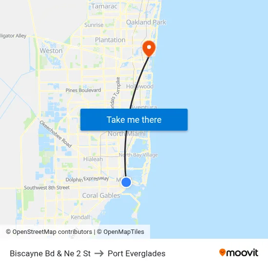 Biscayne Bd & Ne 2 St to Port Everglades map