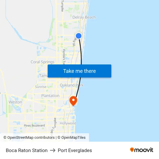 Boca Raton Station to Port Everglades map