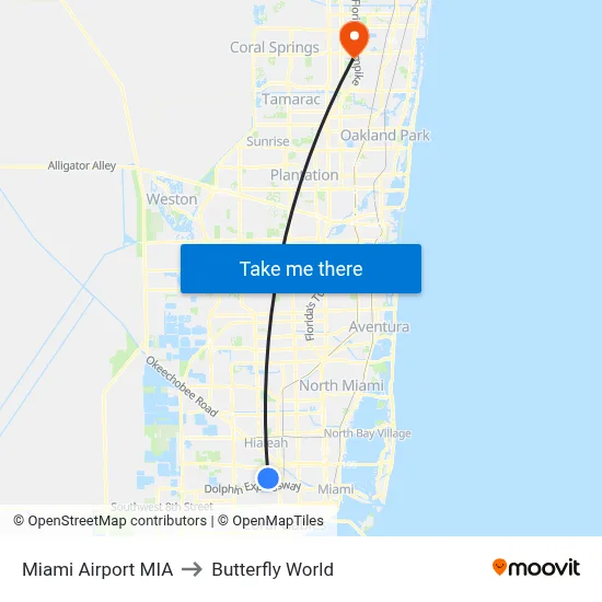 Miami Airport MIA to Butterfly World map