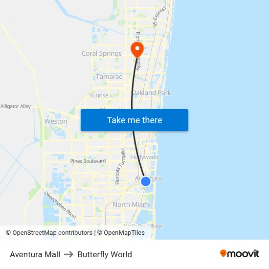 Aventura Mall to Butterfly World map
