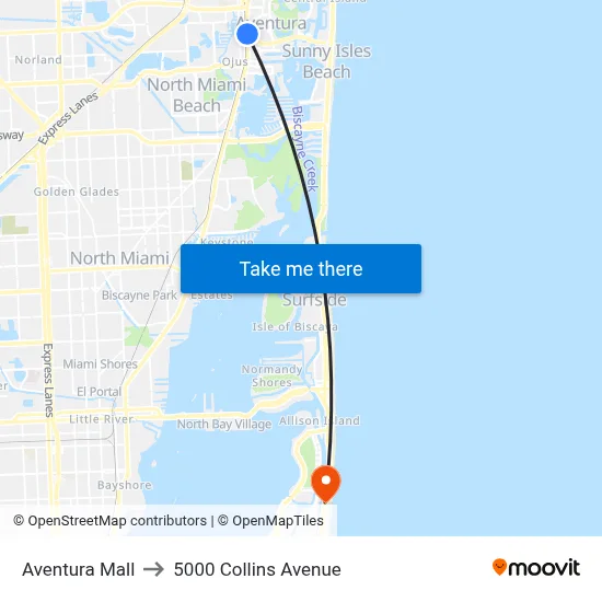 Aventura Mall to 5000 Collins Avenue map